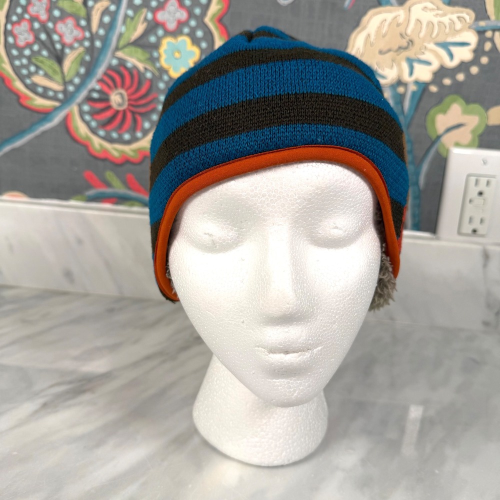 Patagonia Baby Buffalo Reversible Beanie Striped Fleece Lined Blue Brown 18-24M - Picture 7 of 8